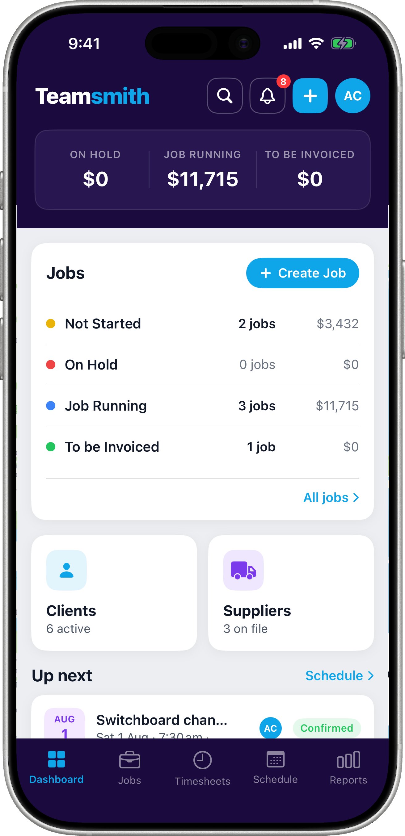 The Teamsmith dashboard on iPhone