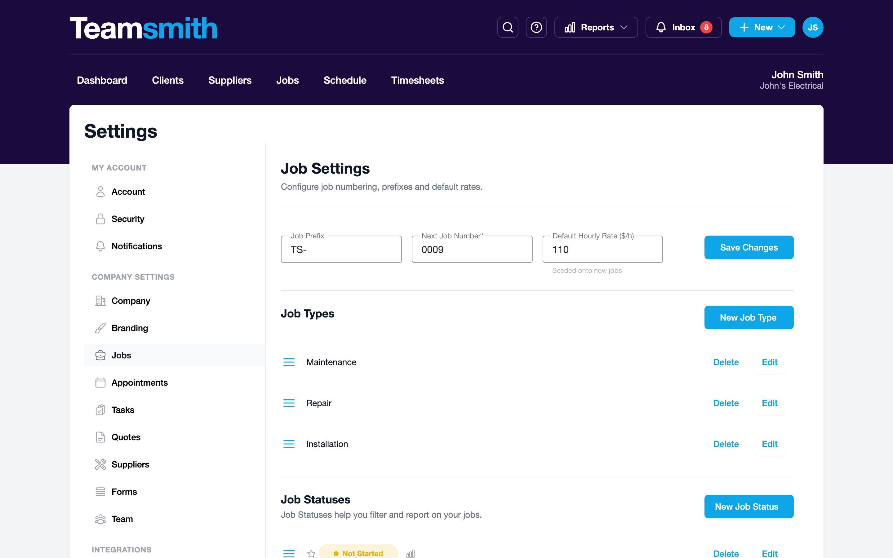 Statuses and job types that match your trade