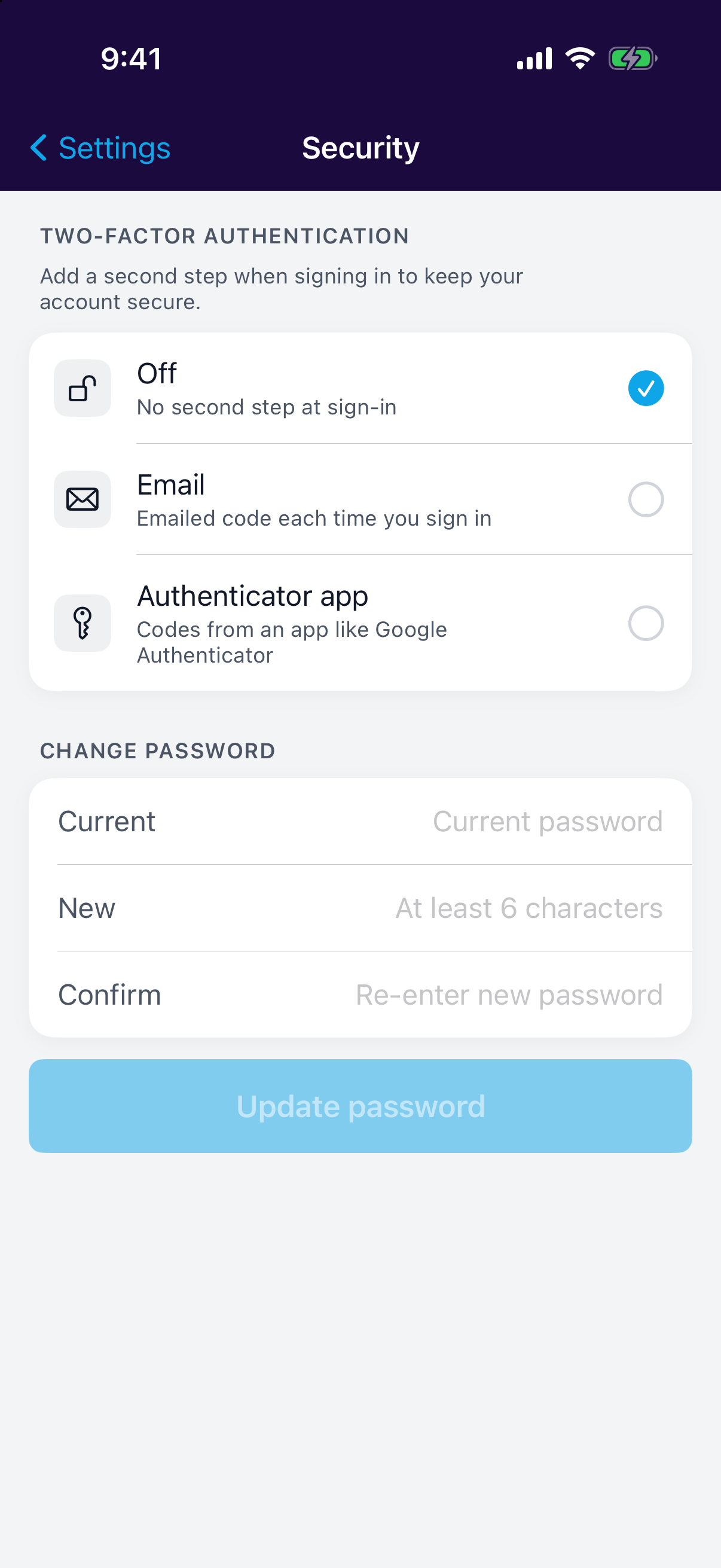 Profile and security settings on iOS