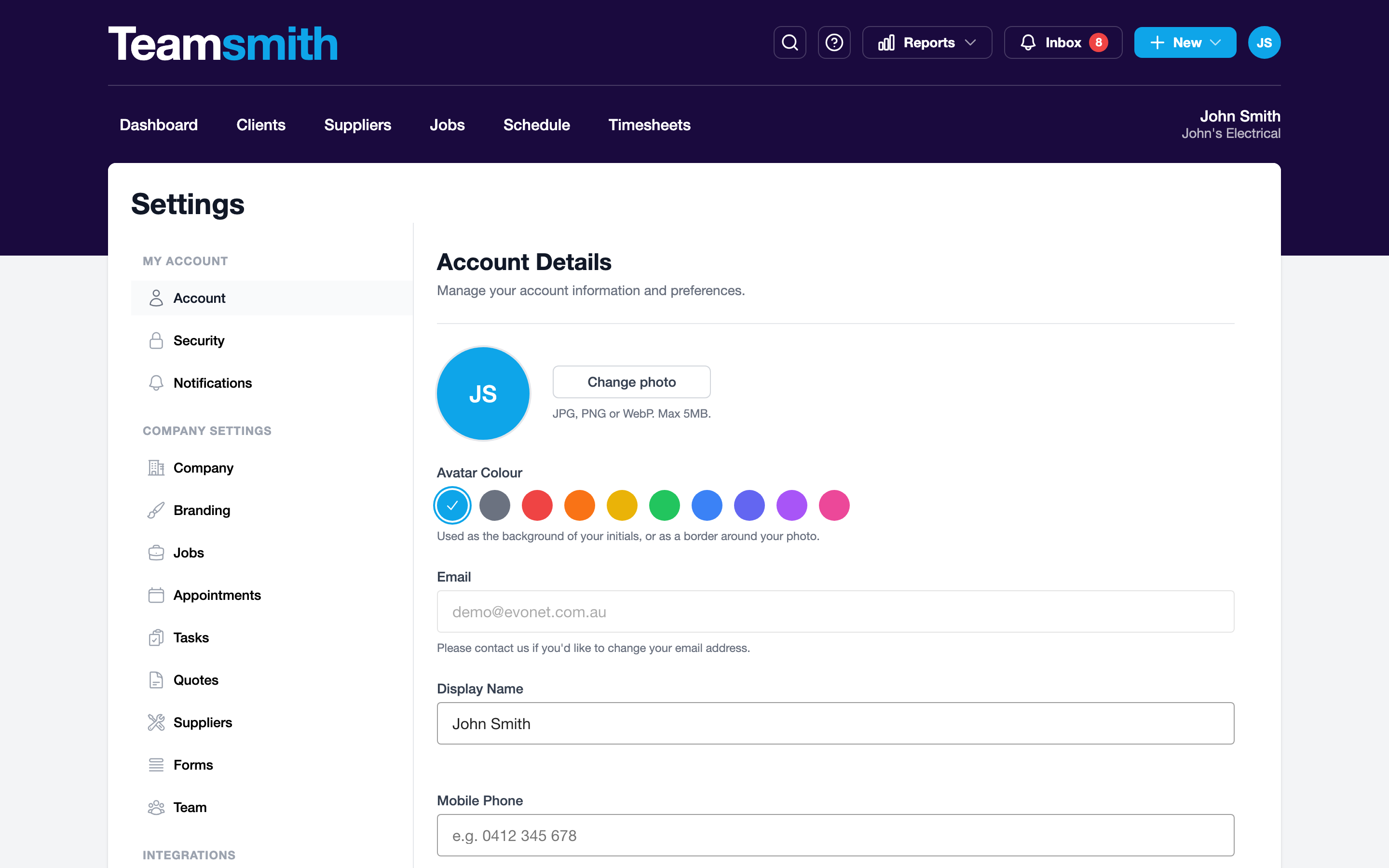 Profile and security settings on the web