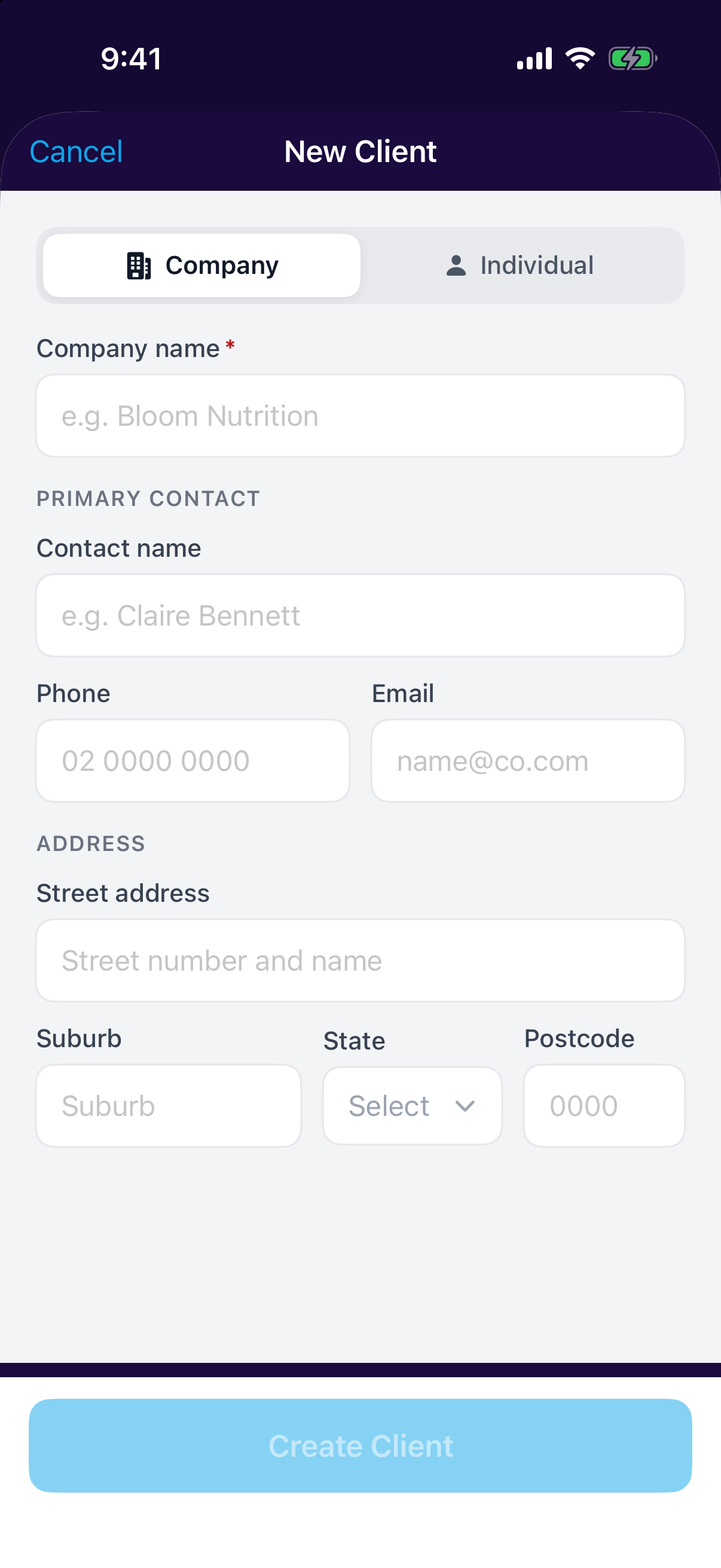 Creating a client in the mobile app