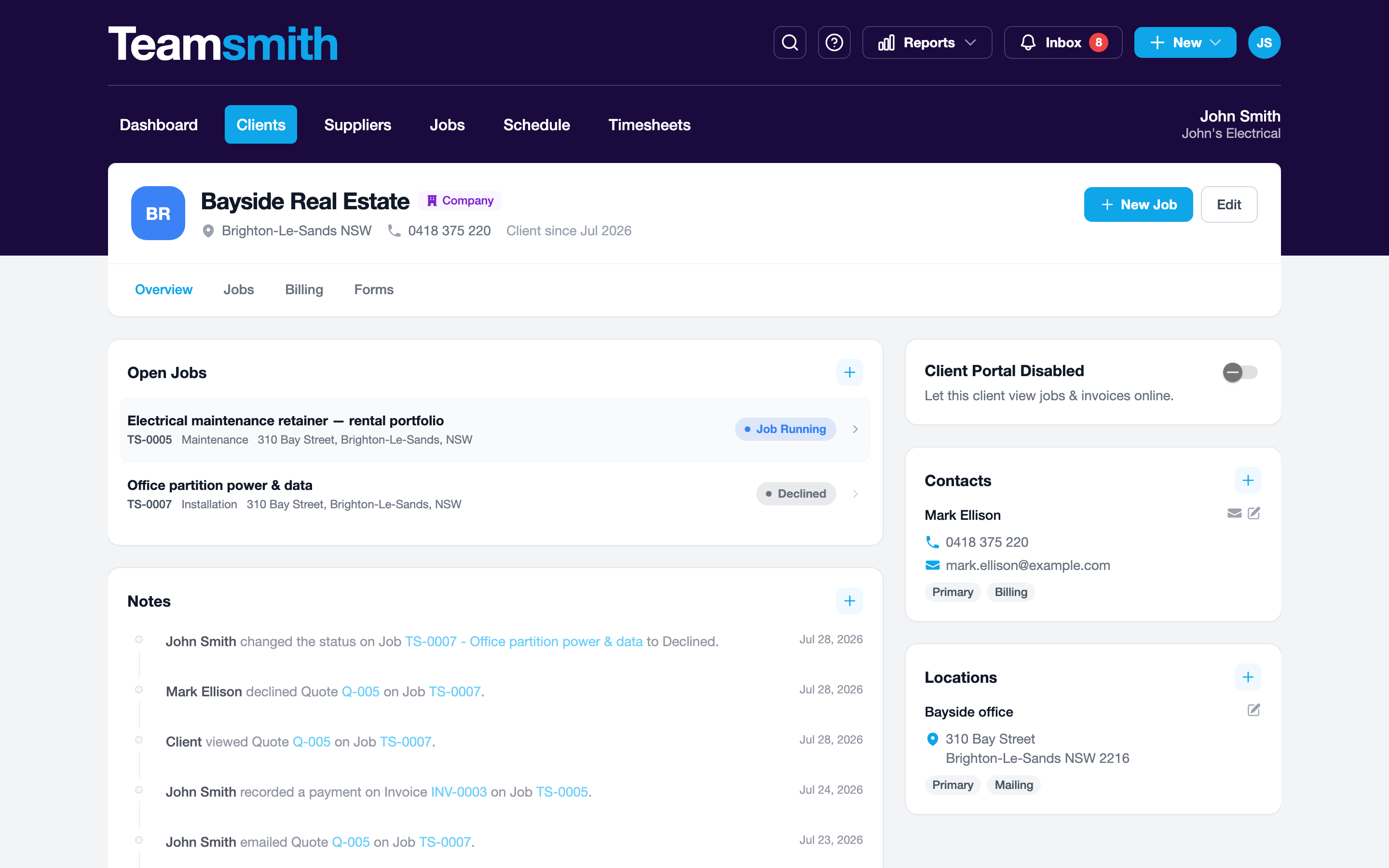Sites and contacts on a client record on the web