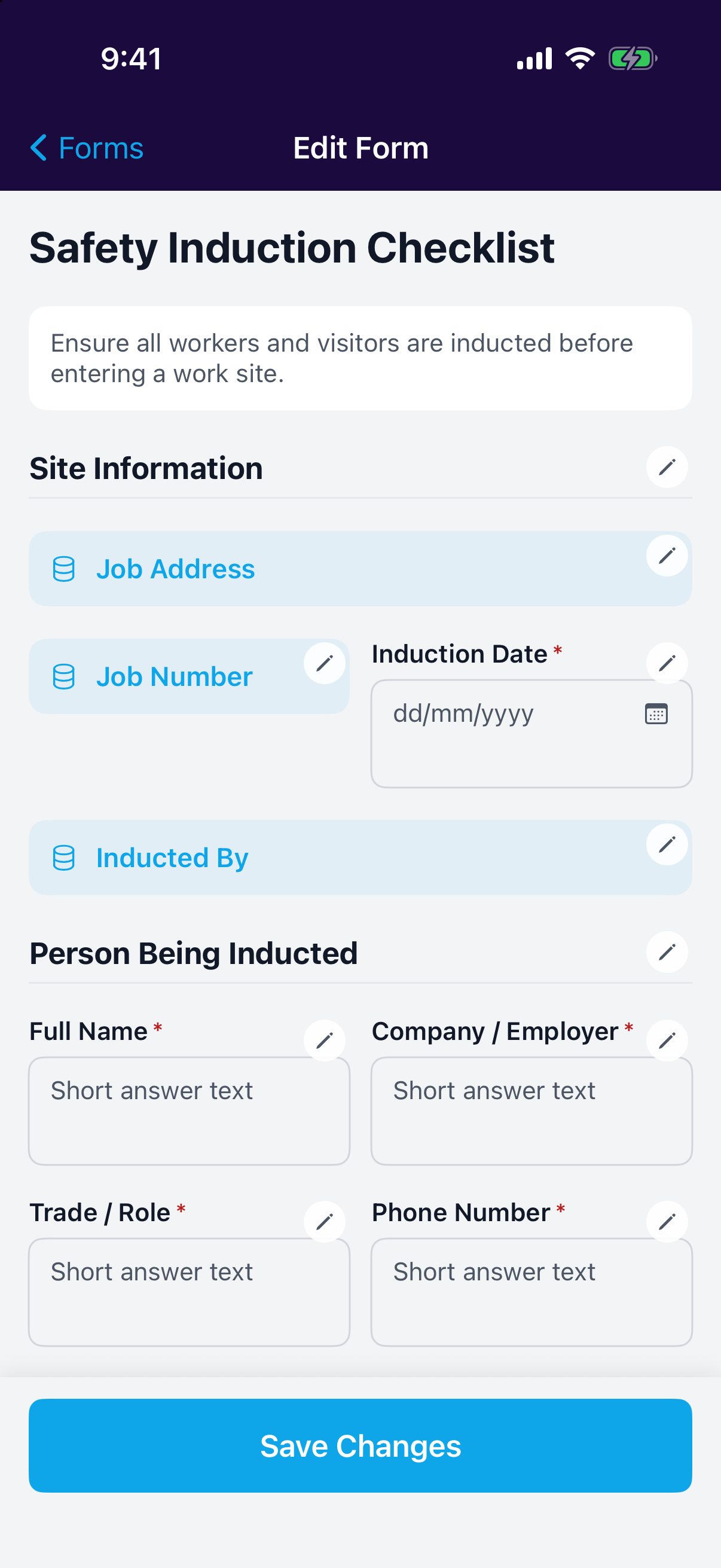 Editing a form in the mobile app