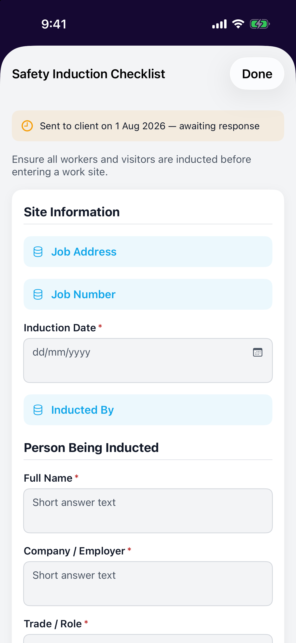 Filling in a form in the mobile app