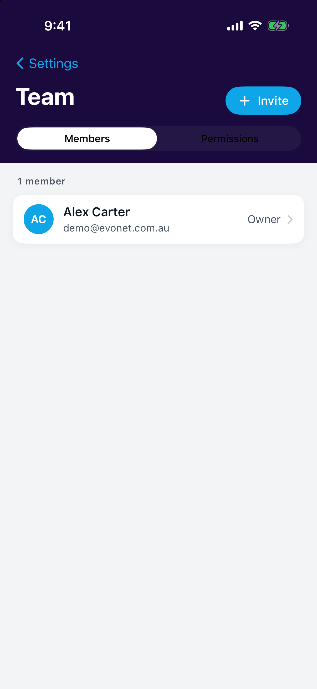 Inviting a team member from Settings in the mobile app