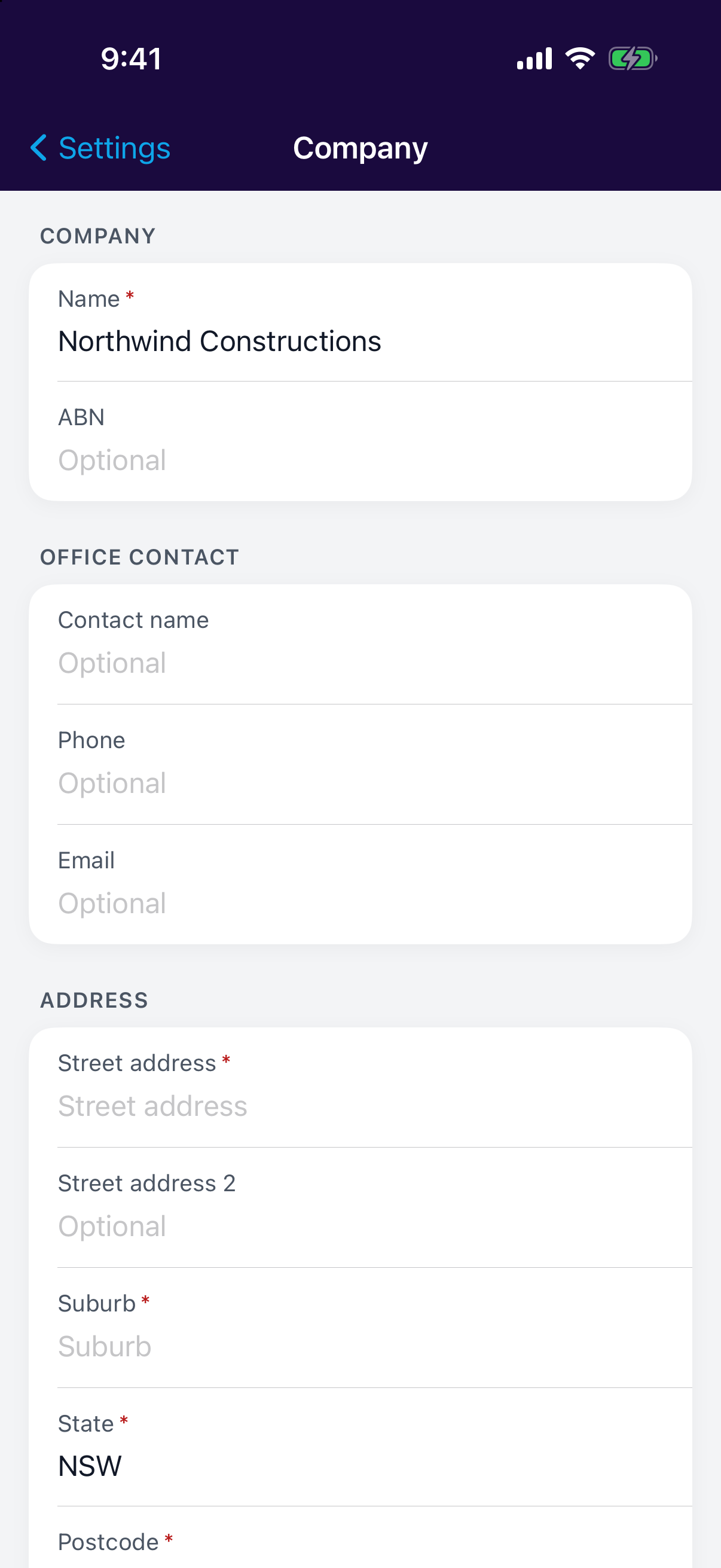 Company Details settings in the mobile app