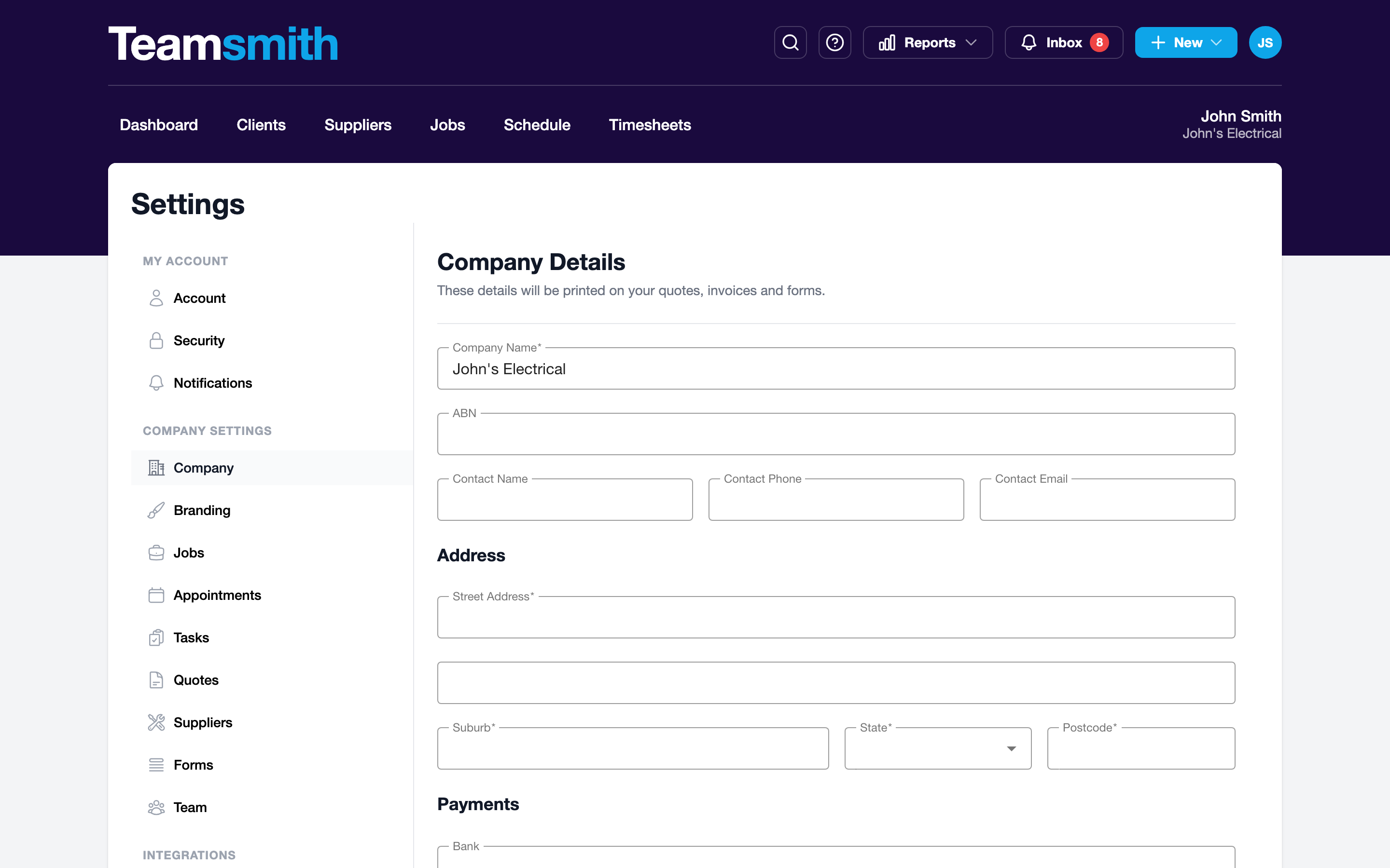 Company Details settings on the web