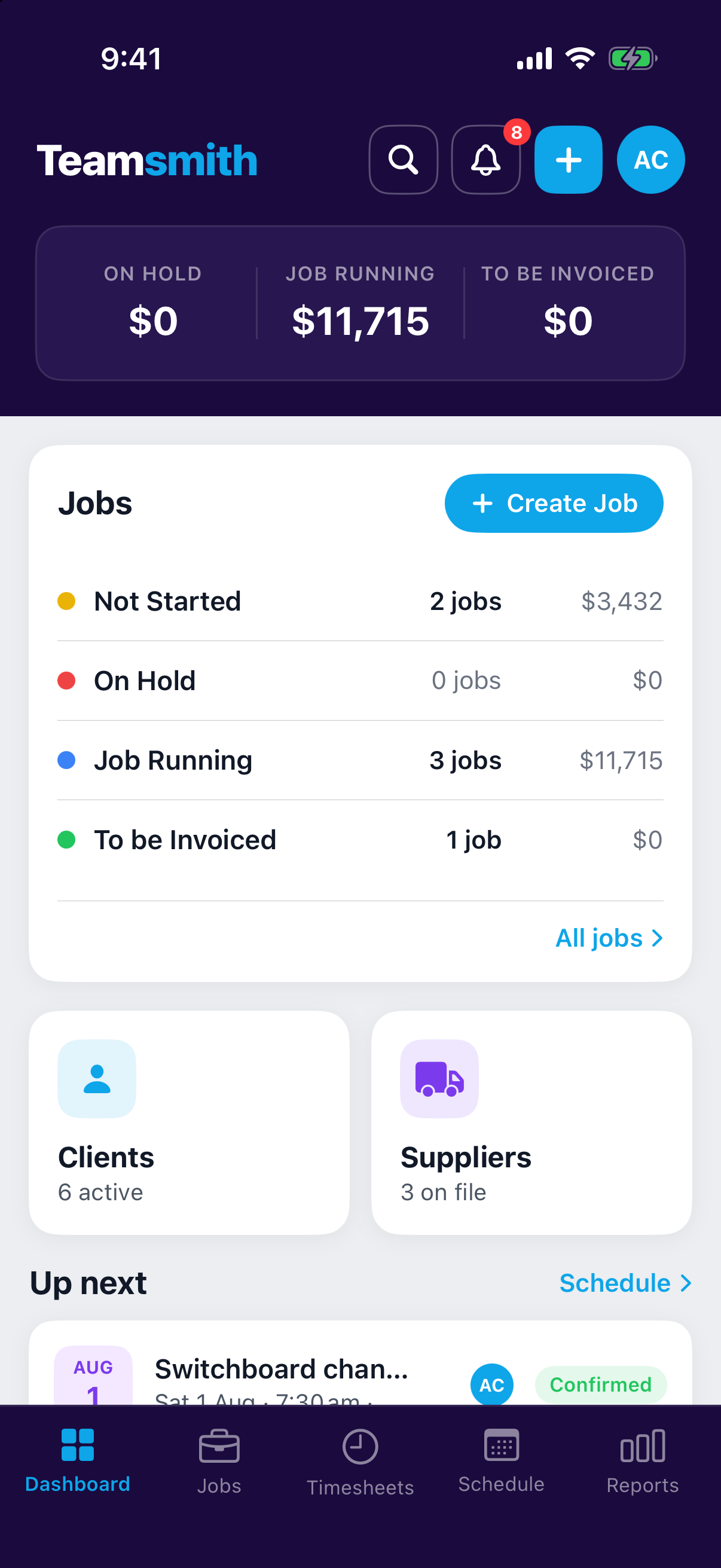 The Teamsmith dashboard in the mobile app