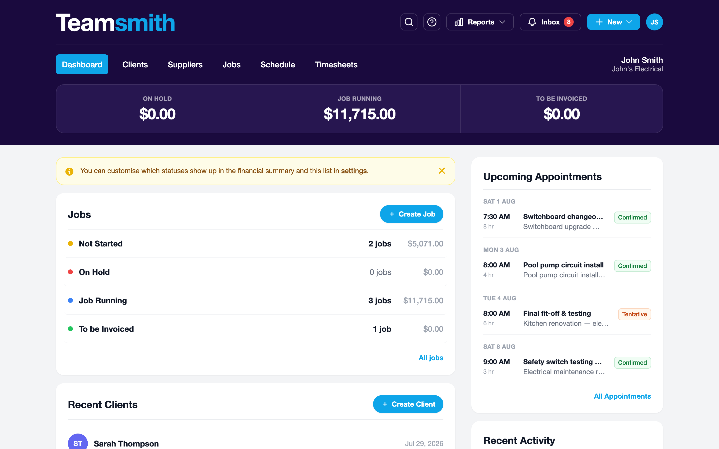 The Teamsmith dashboard on the web