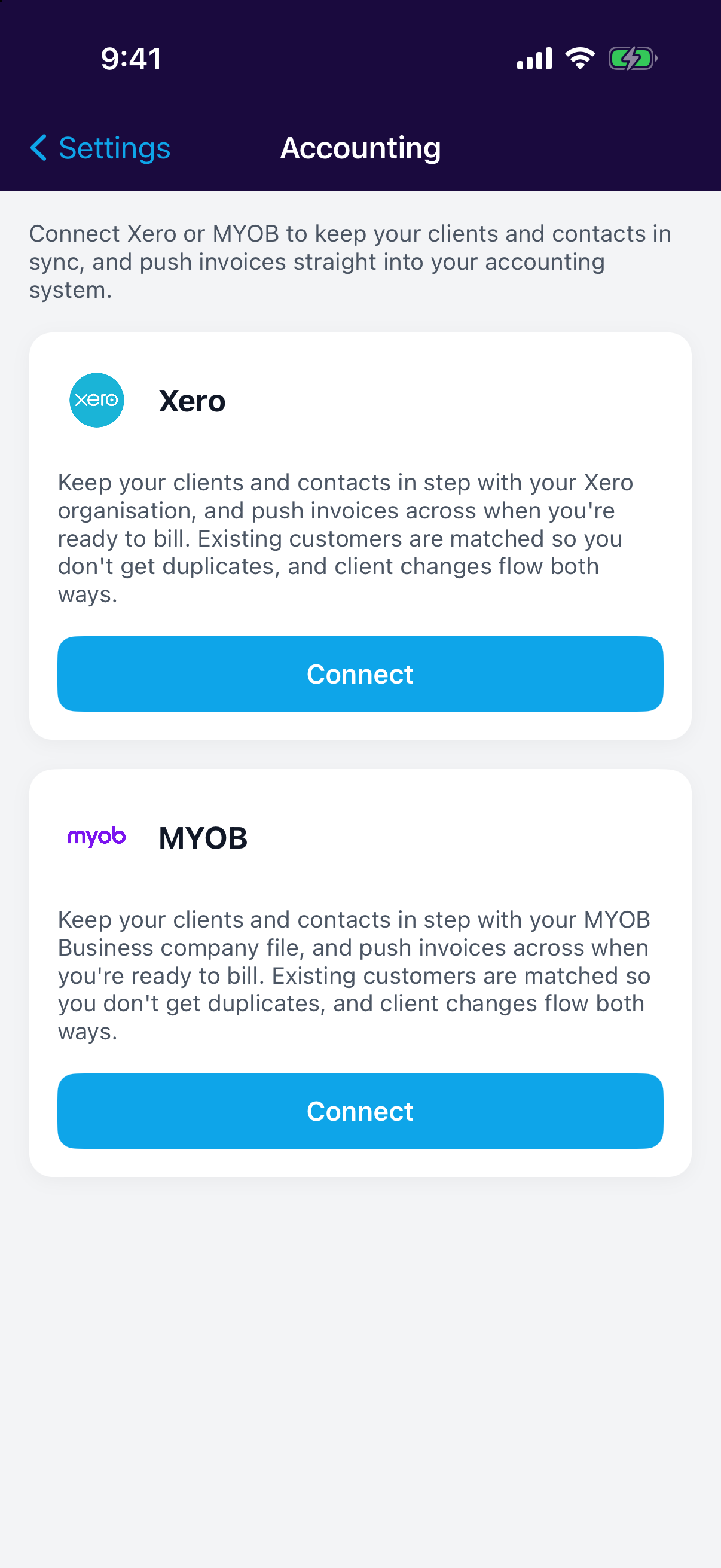 Connecting MYOB from Settings in the mobile app