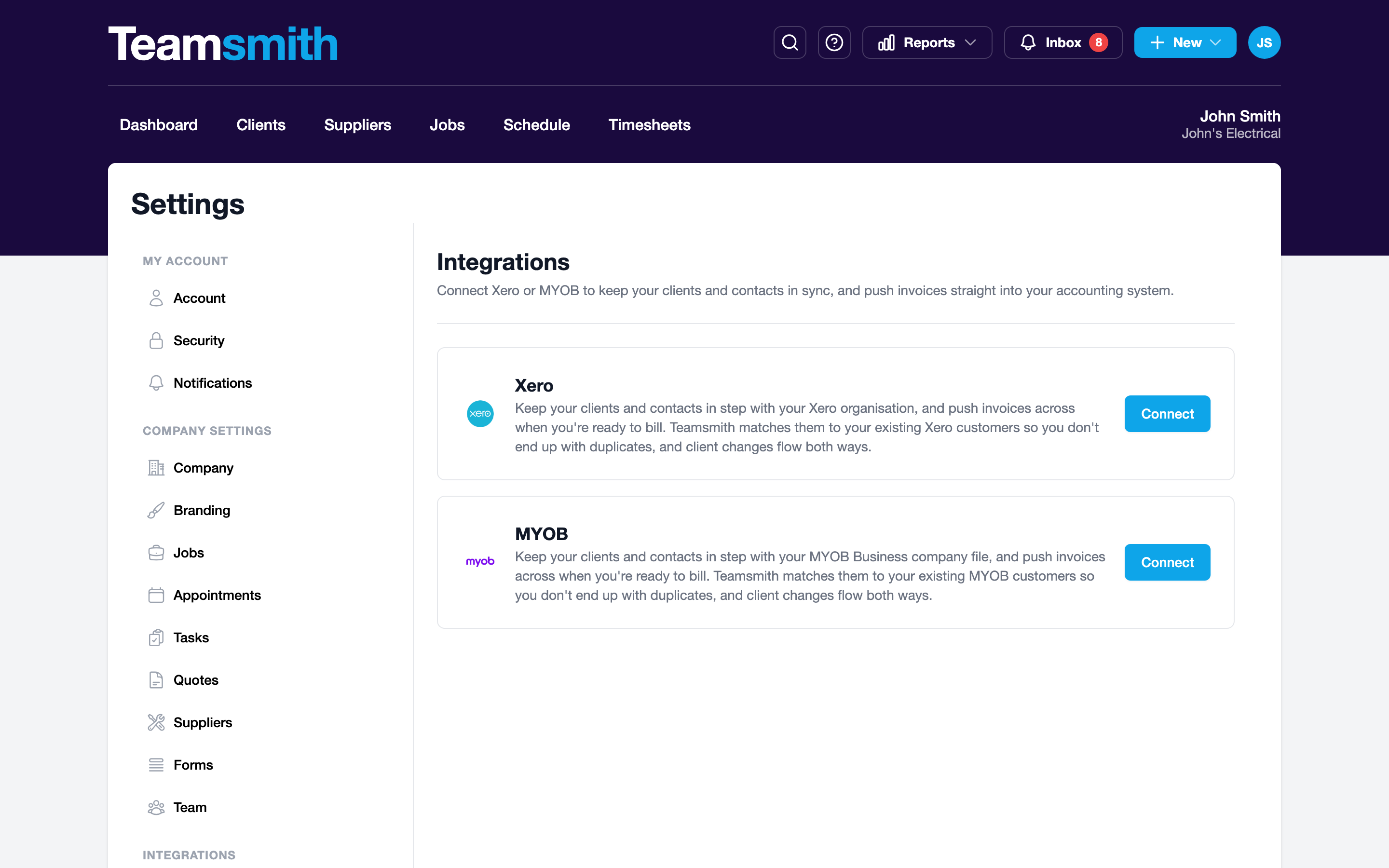 Connecting MYOB from Settings on the web