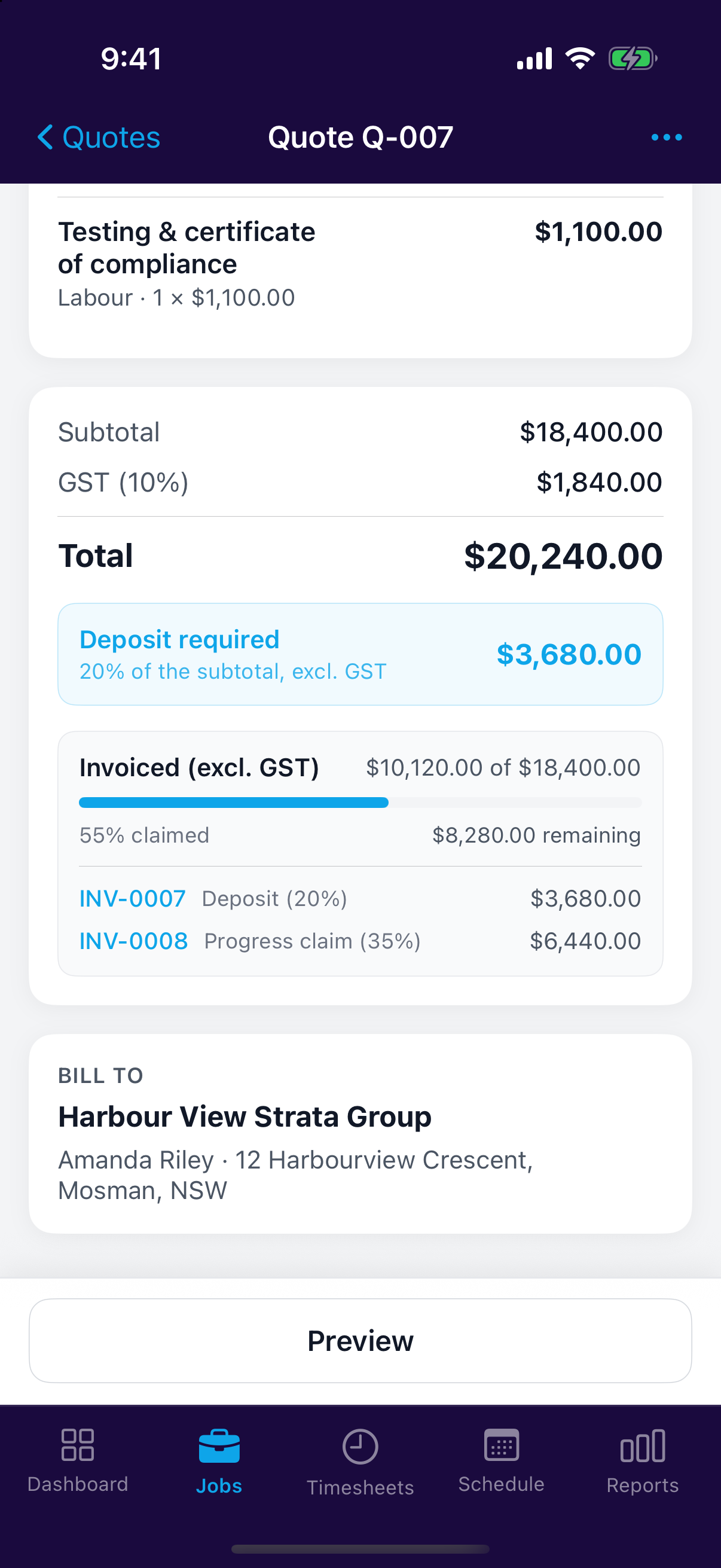An accepted quote in the mobile app showing the deposit and the claims invoiced so far