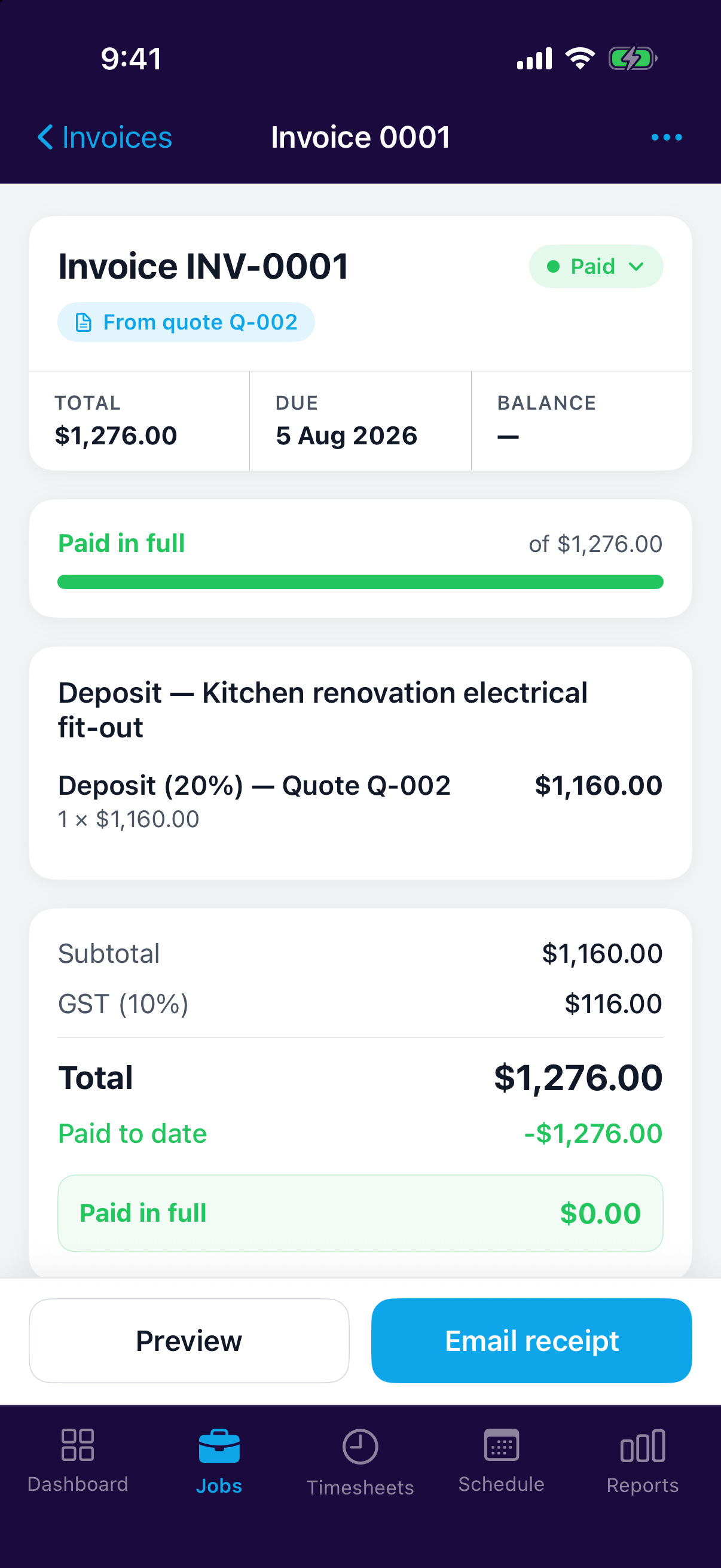Creating an invoice from an accepted quote in the mobile app