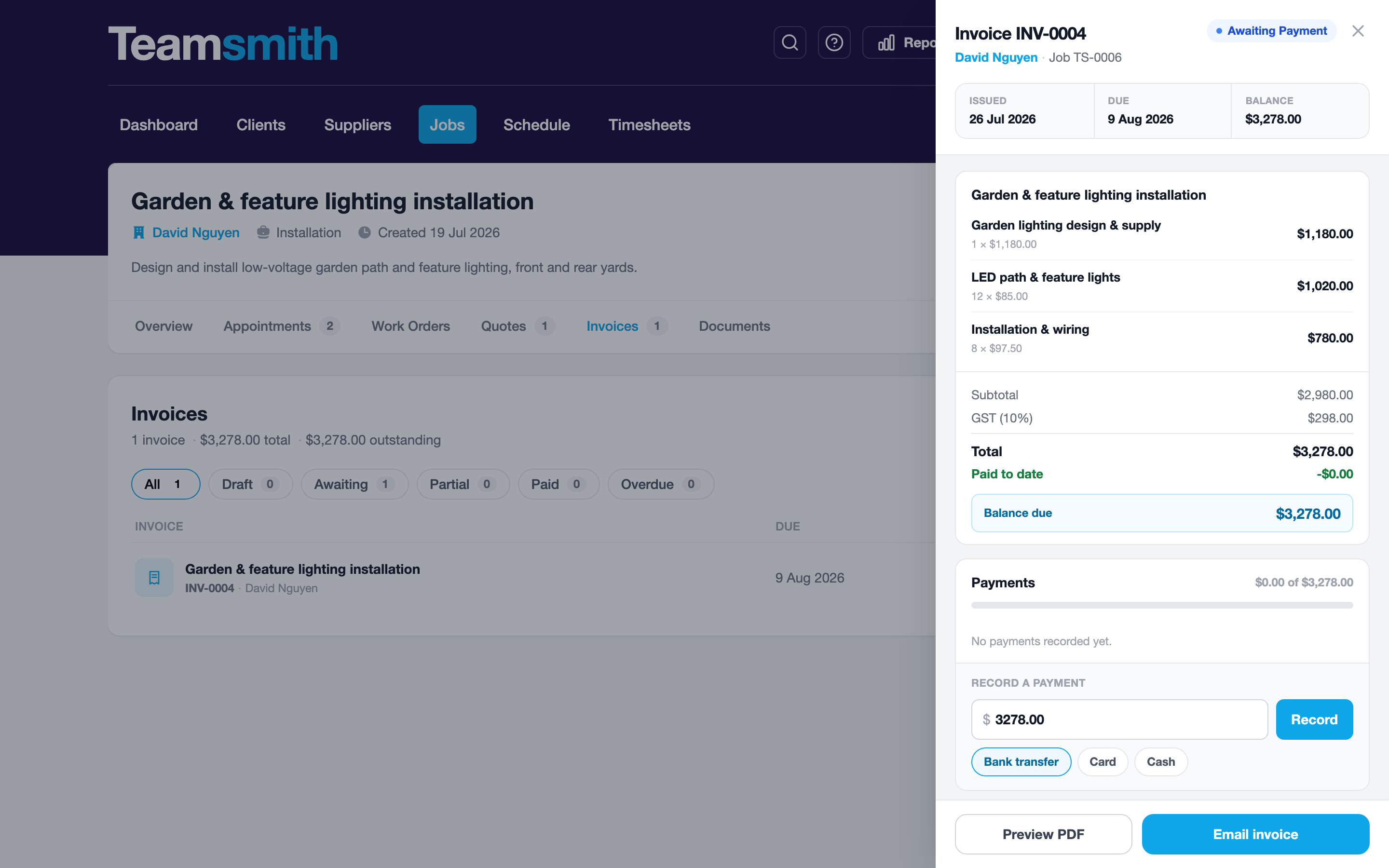 Creating an invoice from an accepted quote on the web
