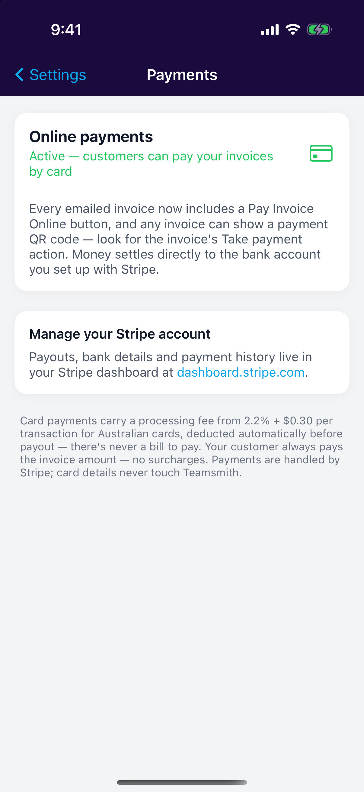 The Payments screen in the mobile app showing online payments active