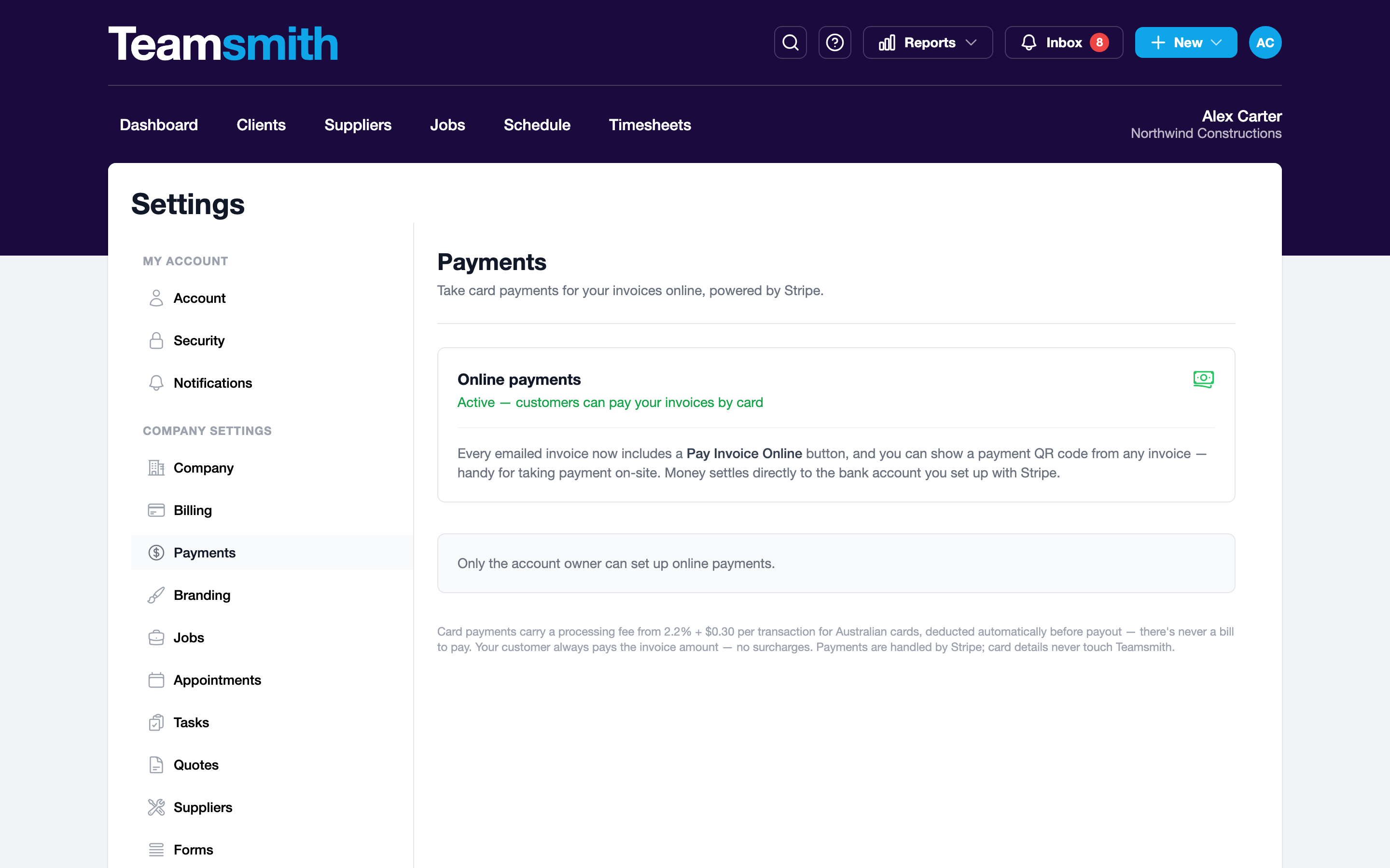 The Payments page in settings showing online payments active