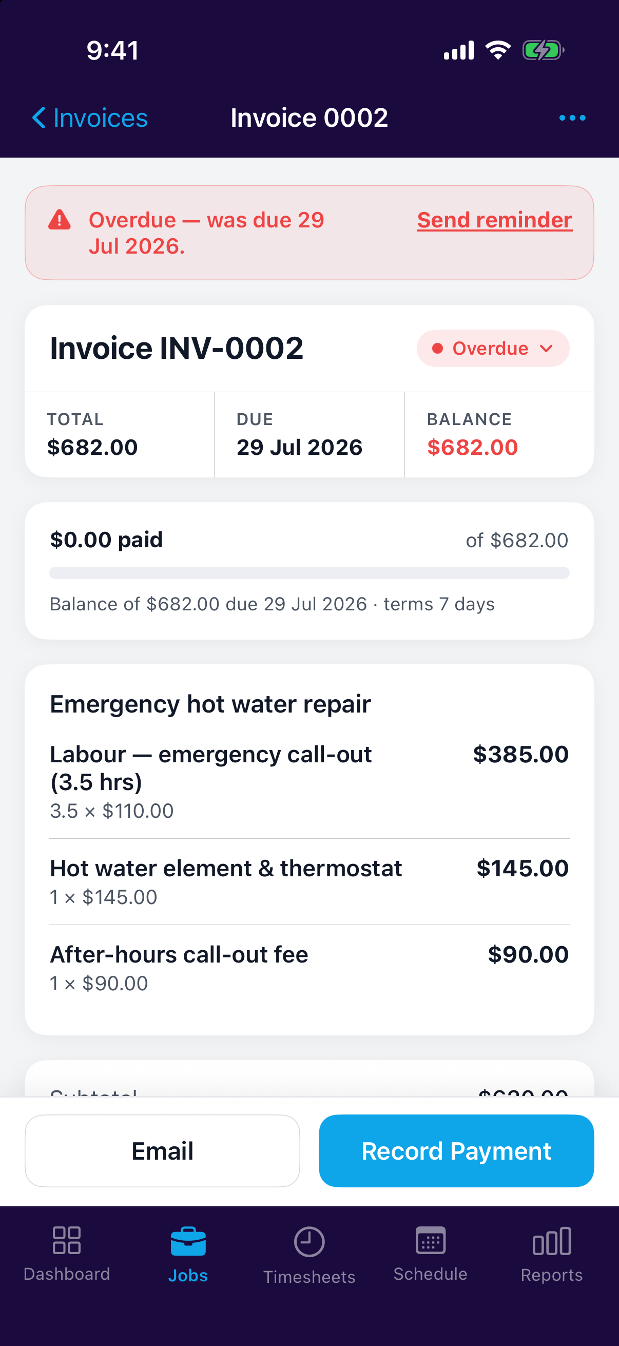 Sending a payment reminder from an overdue invoice in the mobile app