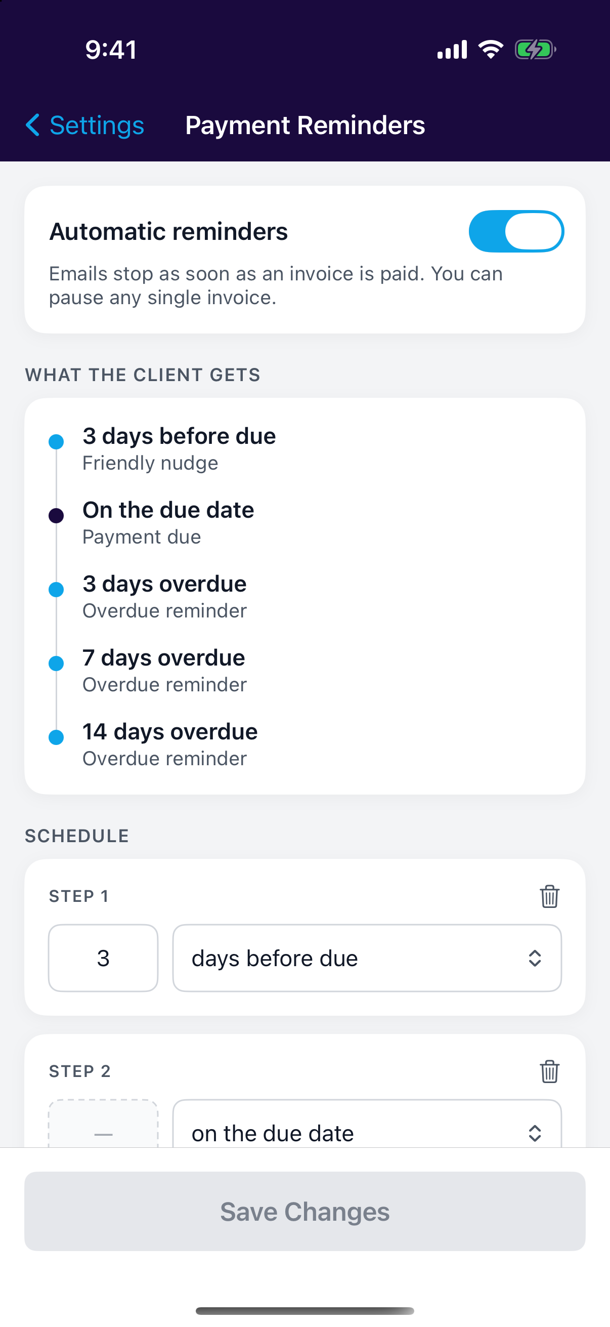The payment reminder schedule in the mobile app's settings
