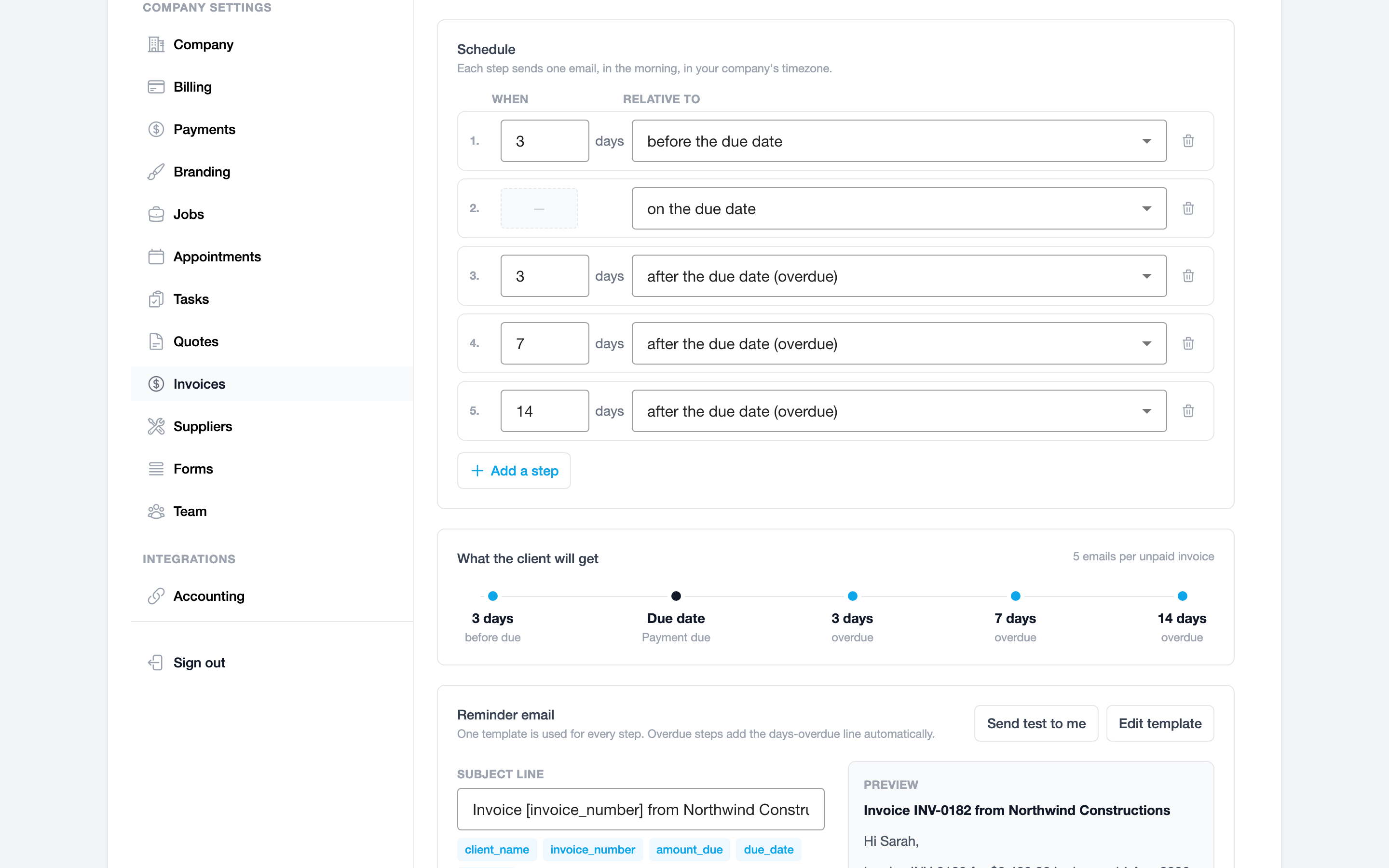The payment reminder schedule under Settings, Invoices