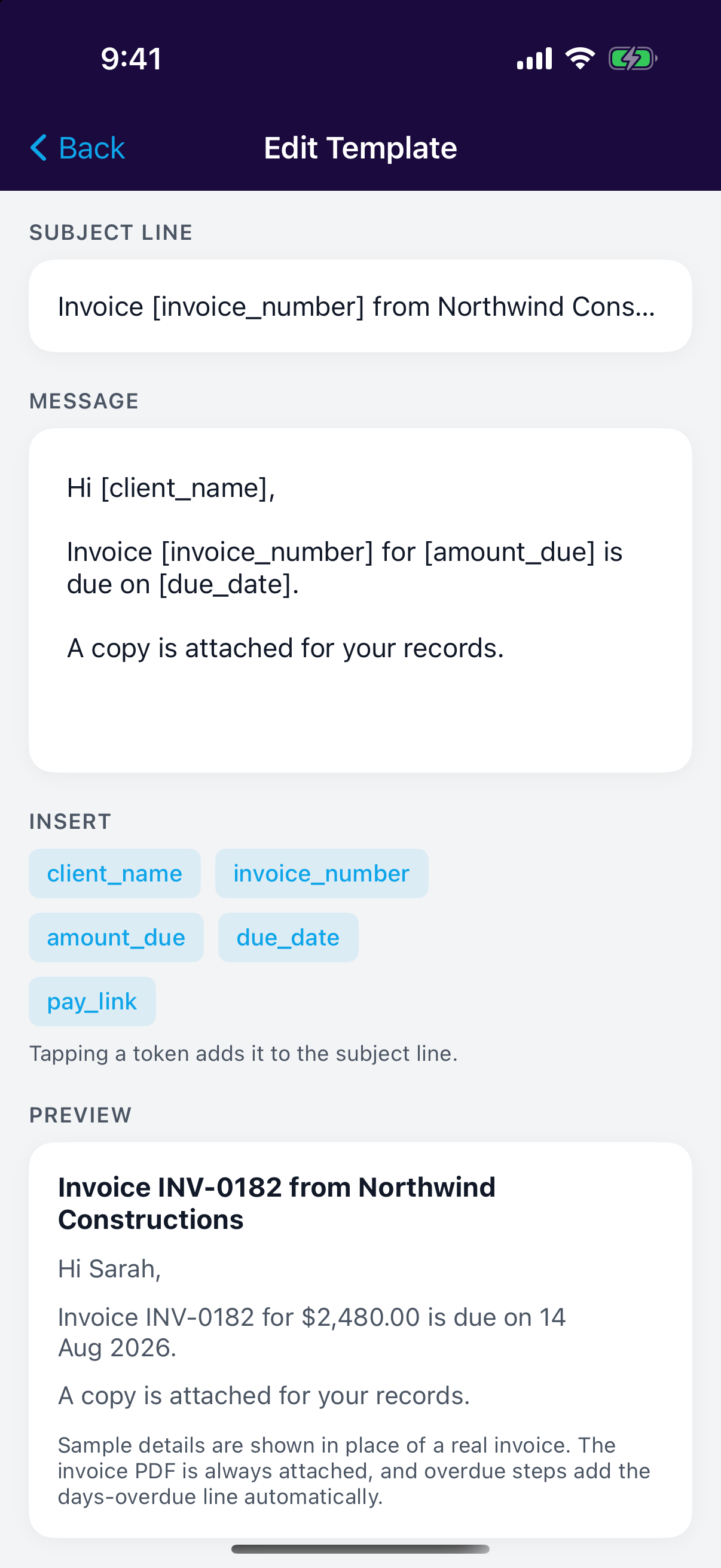 Editing the reminder email template in the mobile app