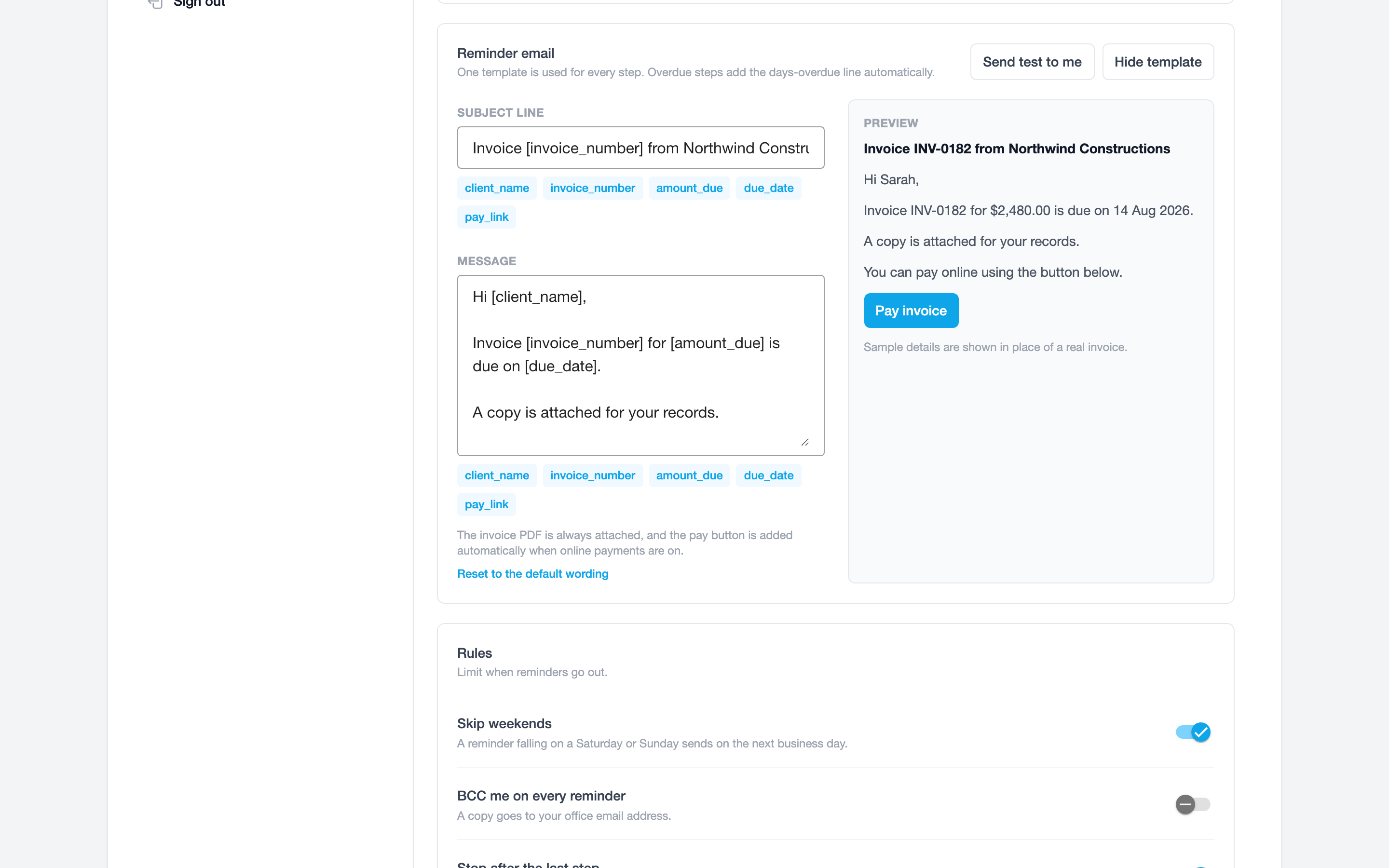 Editing the reminder email subject and message with tokens and a live preview