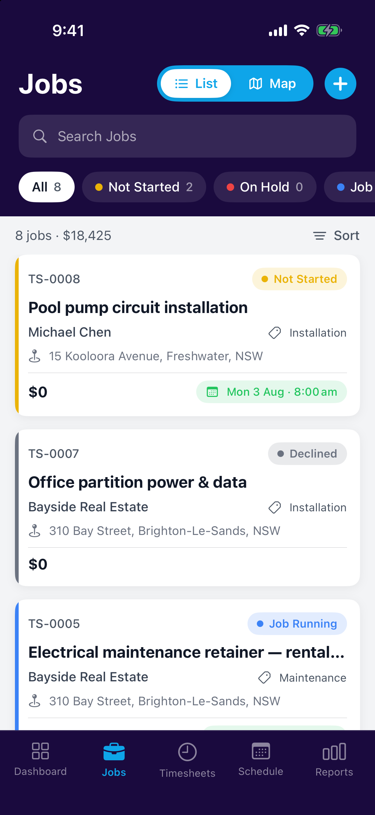 The jobs list with status pills in the mobile app