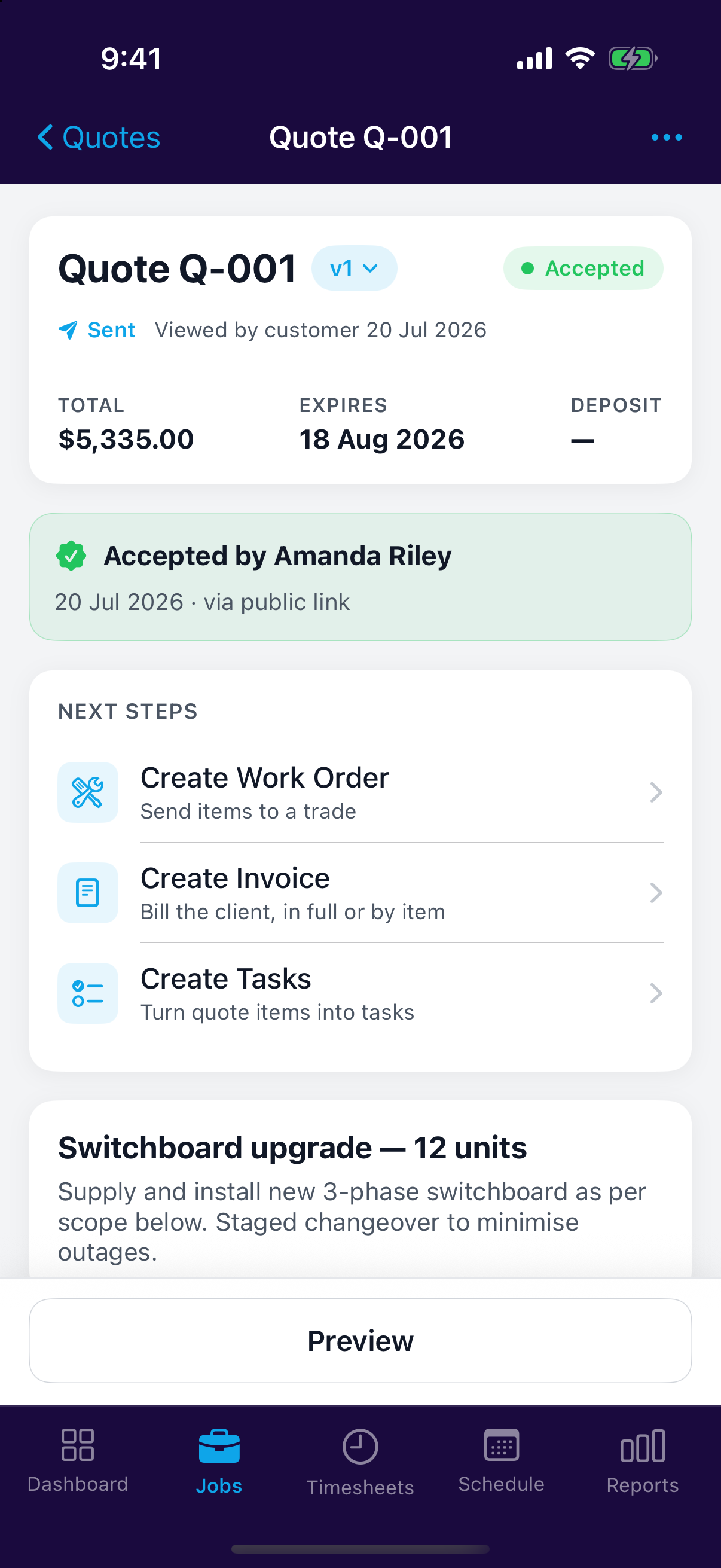 The Next steps card on an accepted quote in the mobile app