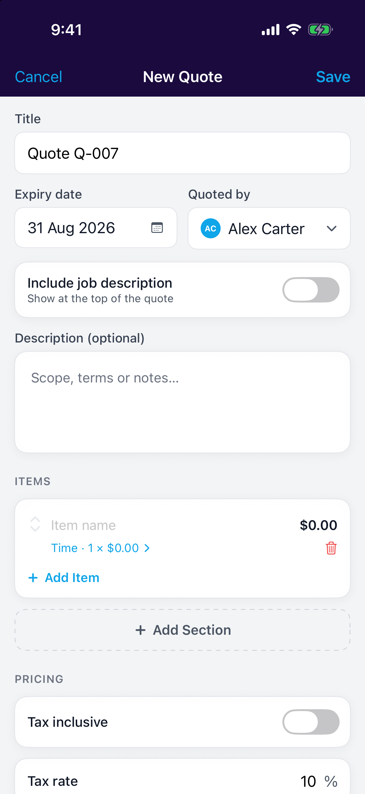 Building a quote in the mobile app