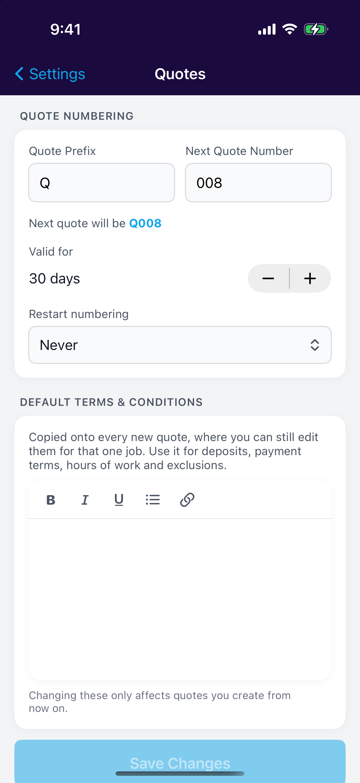 Default quote terms in settings in the mobile app