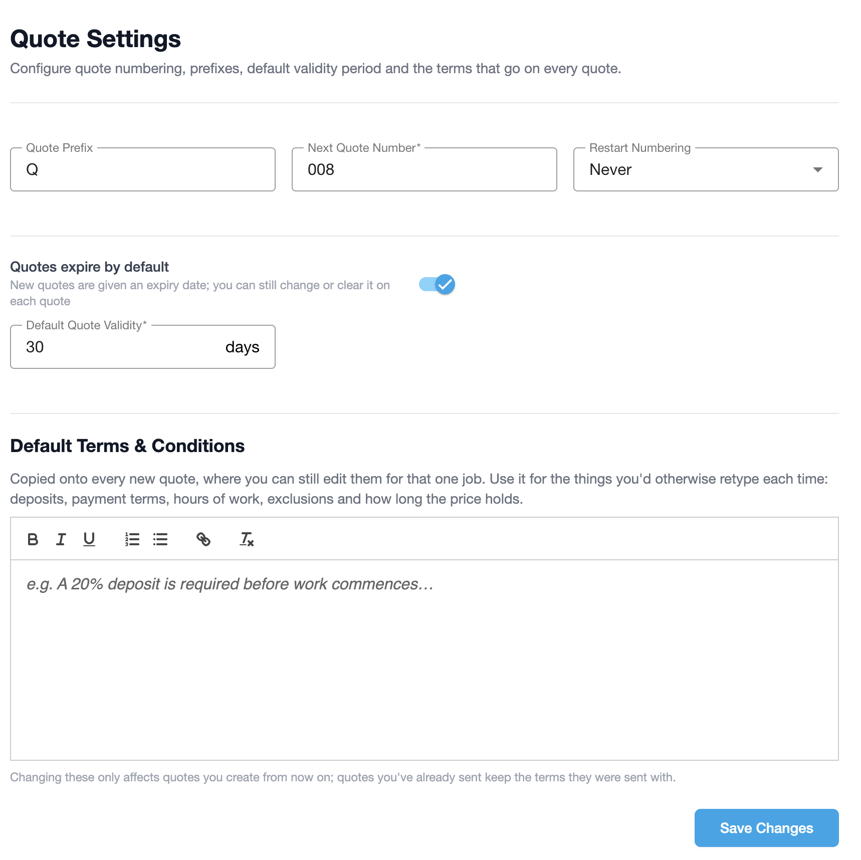 Default quote terms in settings on the web