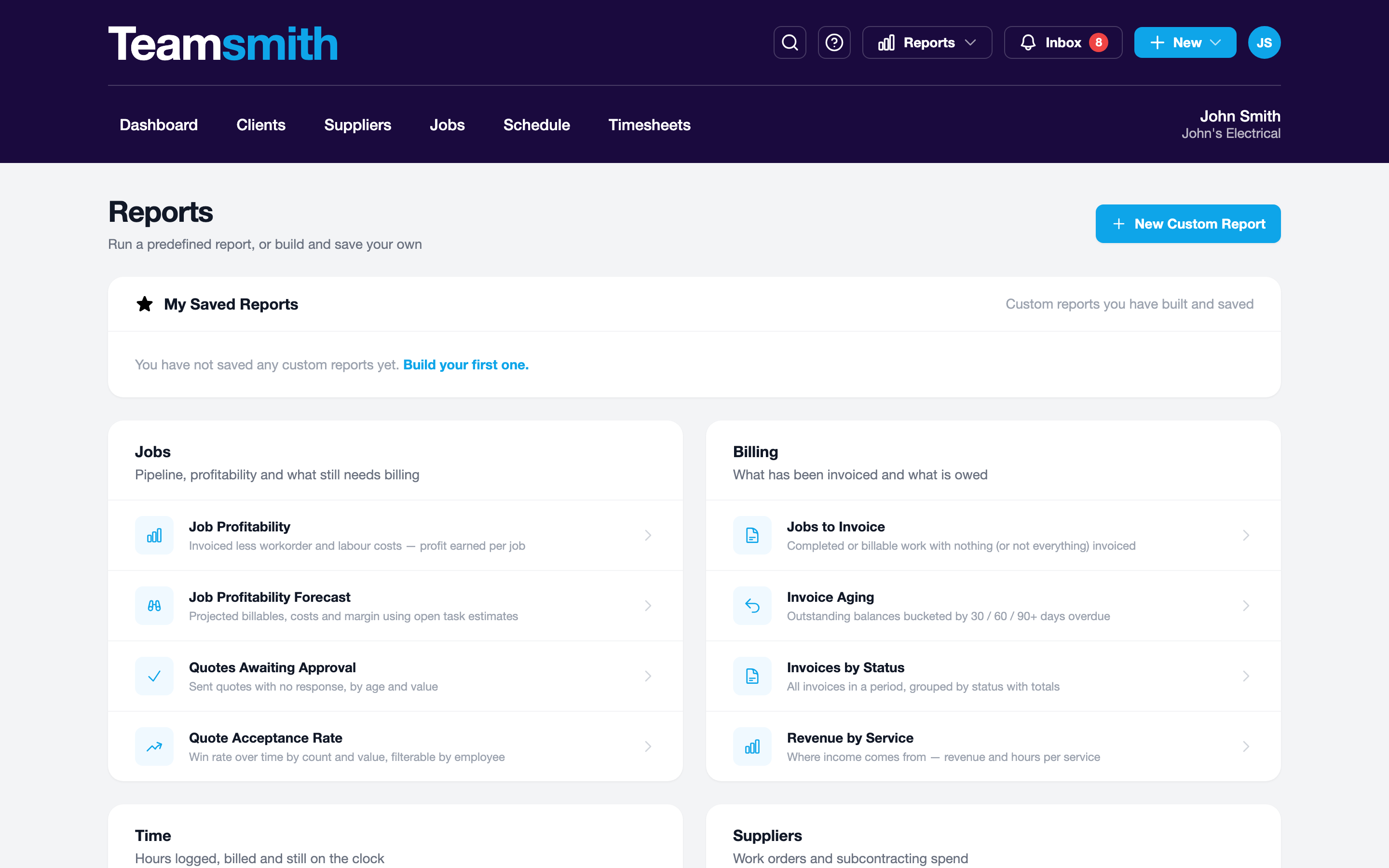 The reports hub and an open report on the web