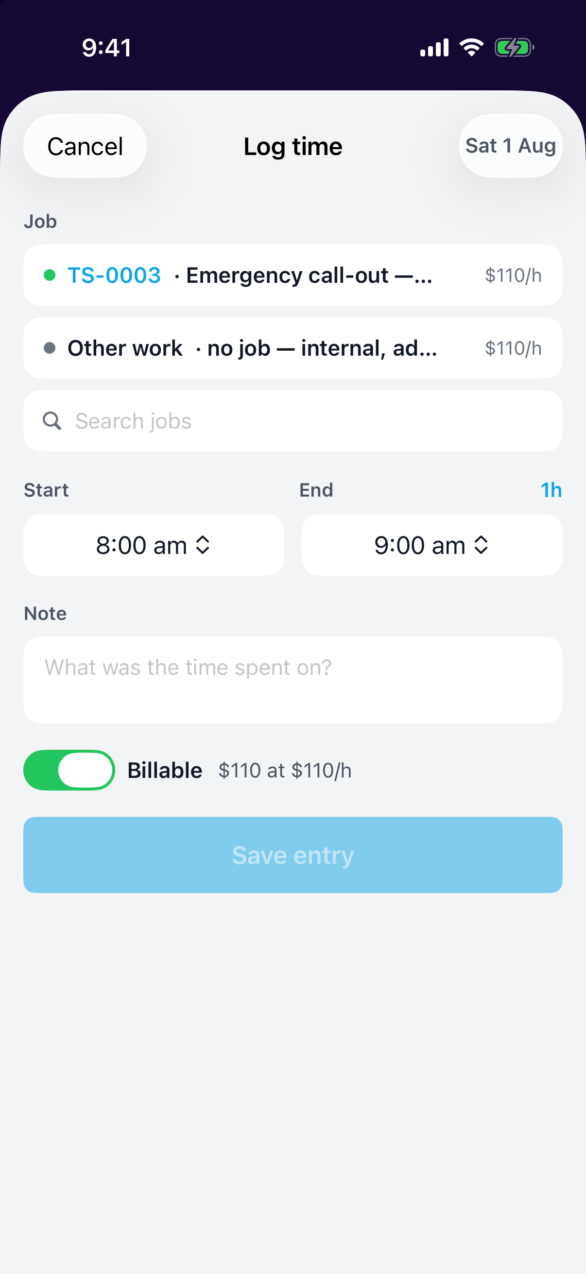 Logging time in the mobile app