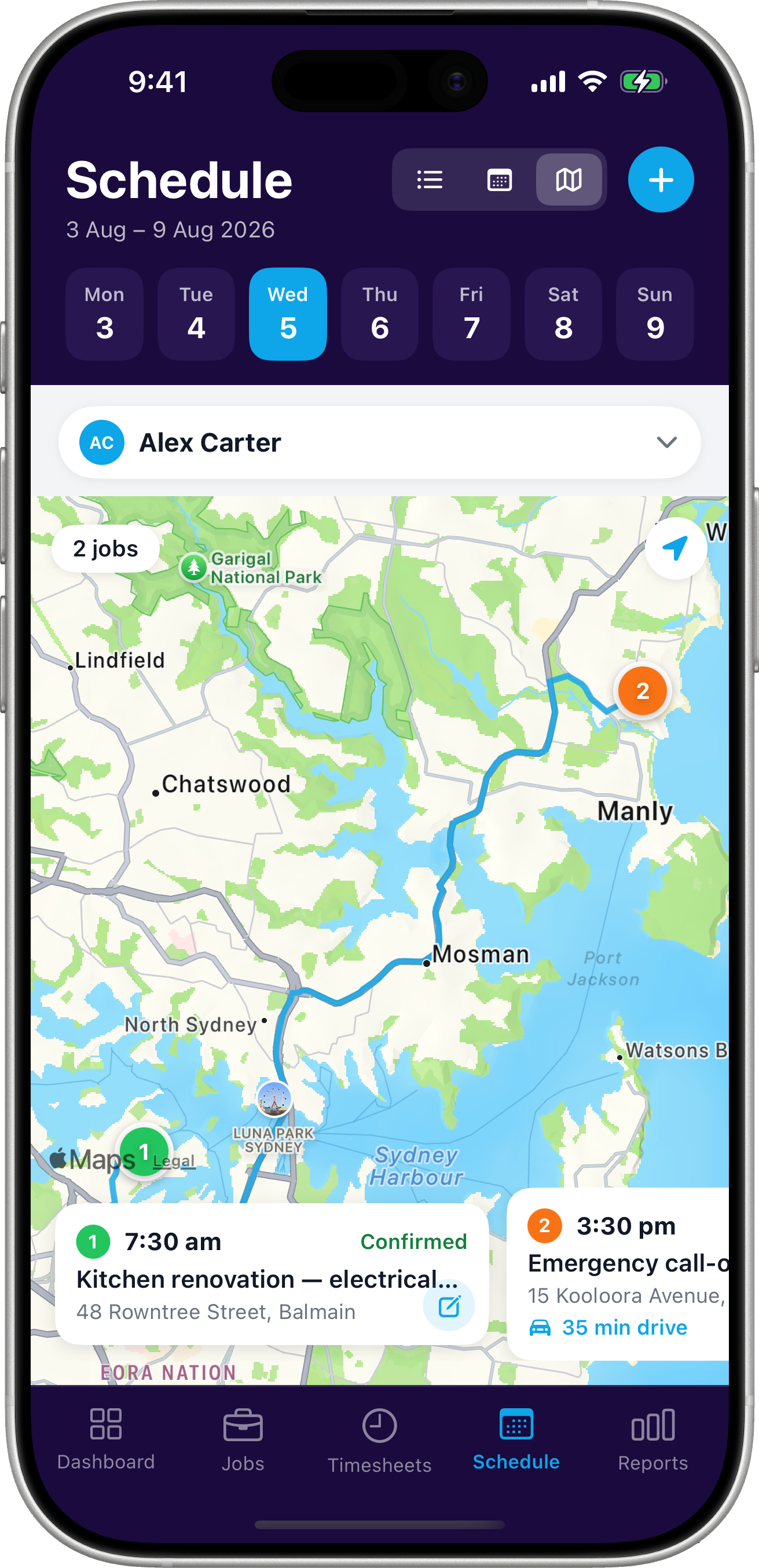 The Teamsmith schedule map on mobile, showing the day’s jobs and the run between them